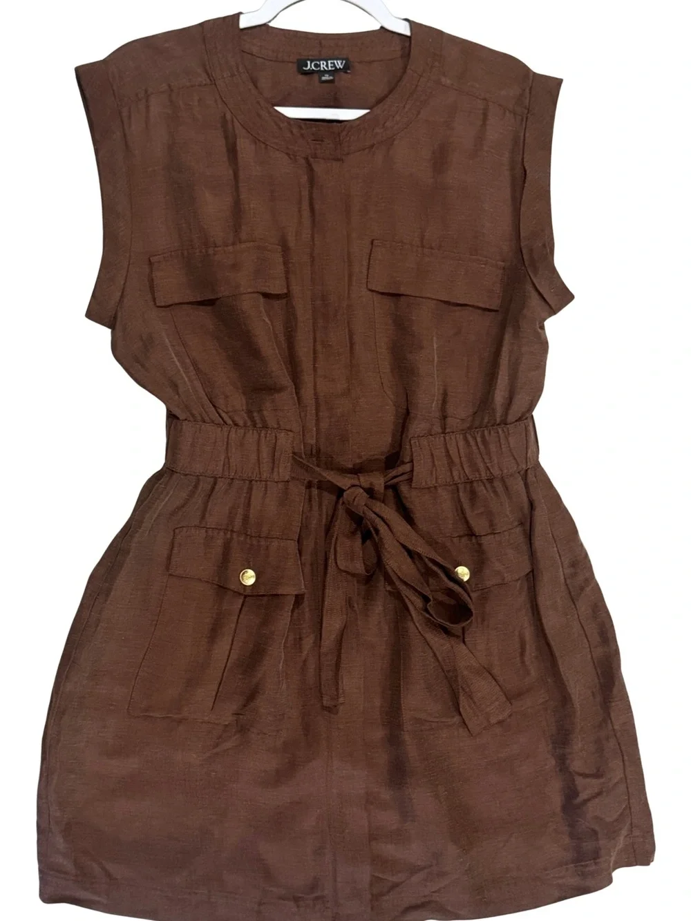 J.Crew Brown Linen Blend Full Zip Mini Dress with Gold Buttons